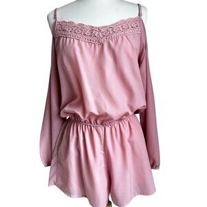 Pink Chiffon‎ Romper Crochet Trim Adjustable Strap Bishop Sleeve XL